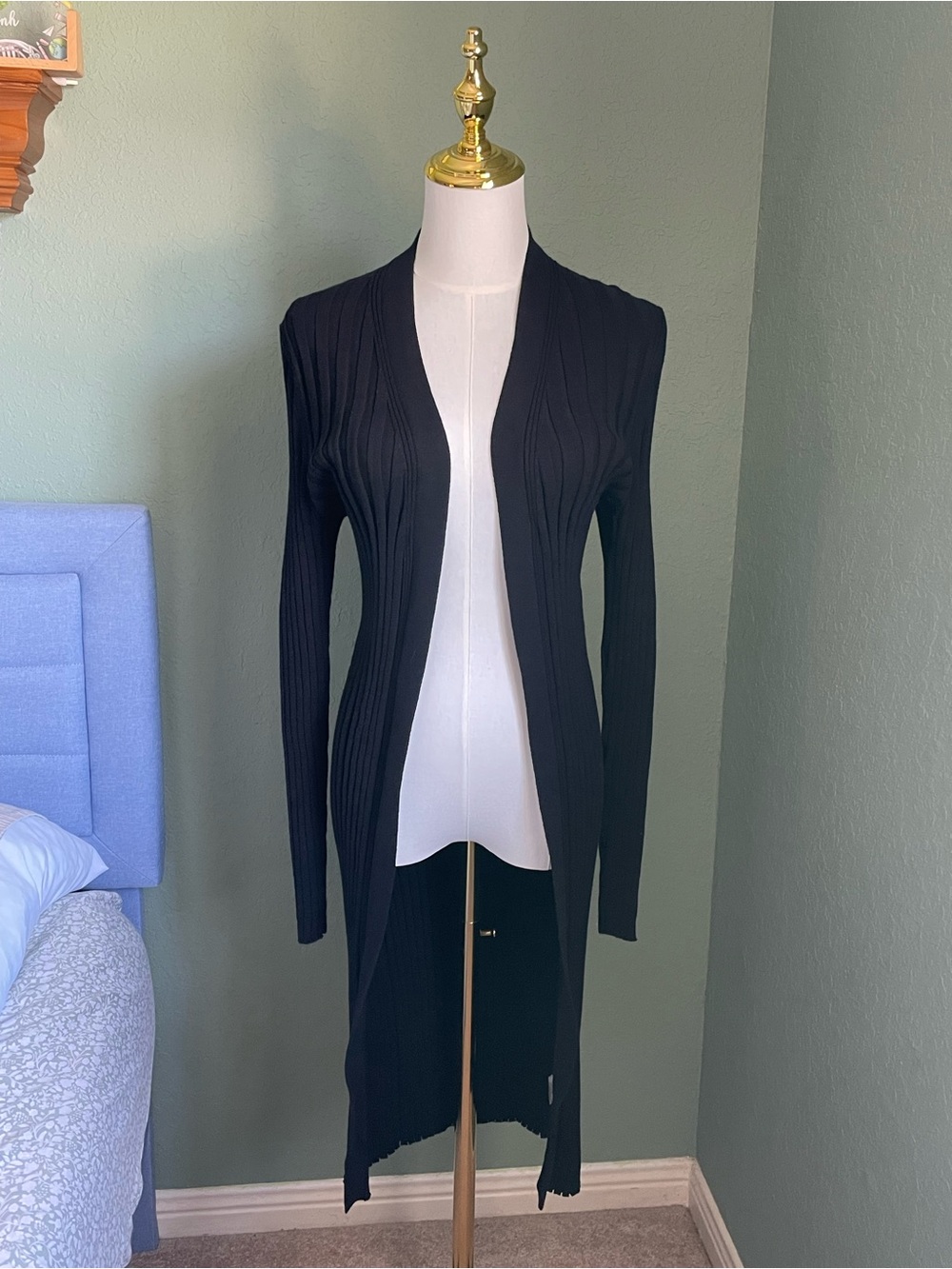 Peruvian Connection Aurelie Ribbed Open Front Duster Cardigan Minimalist Black M